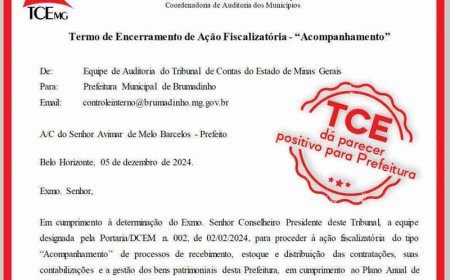 Prefeitura de Brumadinho recebe parecer positivo do TCE-MG após fiscalização rigorosa